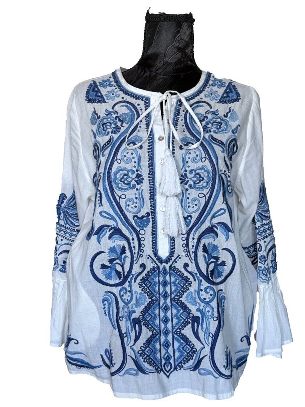 Anthropologie Boho Embroidered Bell Sleeve Tassel Peasant Blouse White Blue - S